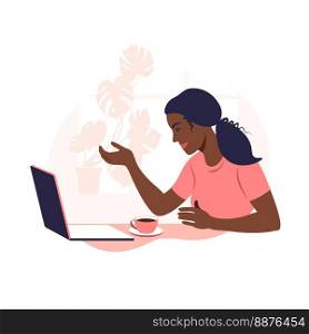 African woman works and communicates on a laptop computer, sitting at a table at home with a Cup of coffee and papers. Vector illustration. Flat.