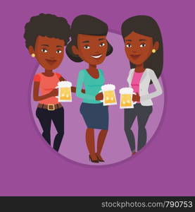 African women clanging glasses of beer. Women toasting and clinking glasses of beer. Group of friends enjoying a beer at pub. Vector flat design illustration in the circle isolated on background.. Group of friends enjoying beer at pub.