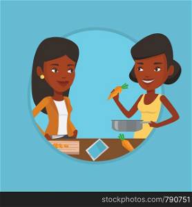 African women cooking healthy vegetable meal. Women having fun while cooking together healthy meal. Women preparing healthy meal. Vector flat design illustration in the circle isolated on background.. Women cooking healthy vegetable meal.