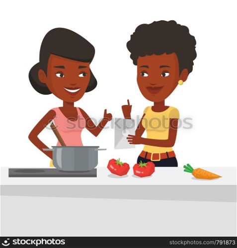 African women following recipe for healthy vegetable meal on digital tablet. Women cooking healthy meal. Women having fun cooking together. Vector flat design illustration isolated on white background. Women cooking healthy vegetable meal.