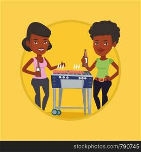 African women having a barbecue party. Women preparing barbecue and drinking beer. Group of friends having fun at barbecue party. Vector flat design illustration in the circle isolated on background. African friends having fun at barbecue party.
