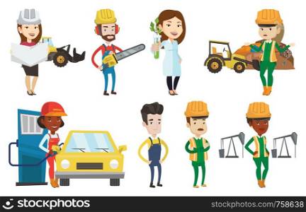 African worker filling up fuel into the car. Young woman working at the gas station. Young gas station worker refueling a car. Set of vector flat design illustrations isolated on white background.. Vector set of characters on ecology issues.