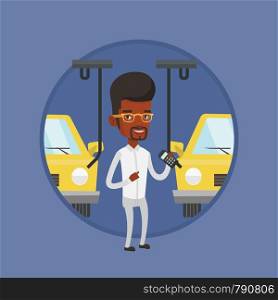 African worker of car factory. Engineer at work on car factory. Man controlling automated assembly line for cars. Car production. Vector flat design illustration in the circle isolated on background.. Worker controlling automated assembly line for car