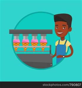 African worker of ice cream manufacture. Worker of factory producing ice-cream. Young man working on production line of ice cream. Vector flat design illustration in the circle isolated on background.. Worker of factory producing ice-cream.