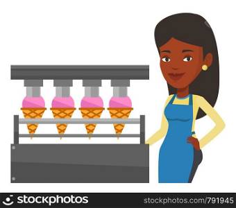 African worker of ice cream manufacture. Worker of factory producing ice-cream. Woman working on automatic production line of ice cream. Vector flat design illustration isolated on white background.. Worker of factory producing ice-cream.