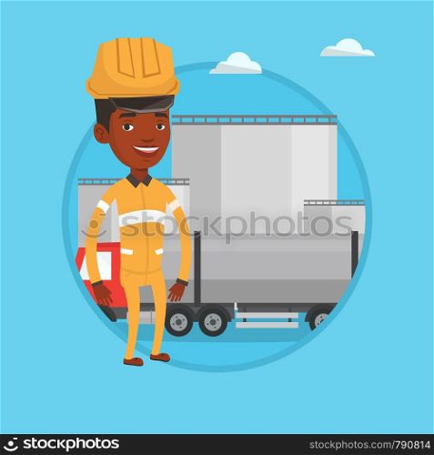 African worker of oil and gas industry. Confident refinery worker standing on the background of fuel truck and oil refinery plant. Vector flat design illustration in the circle isolated on background.. Worker on background of fuel truck and oil plant.