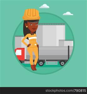 African worker of oil and gas industry. Confident refinery worker standing on the background of fuel truck and oil refinery plant. Vector flat design illustration in the circle isolated on background.. Worker on background of fuel truck and oil plant.