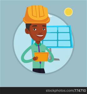 African worker of solar power plant. Engineer working on digital tablet at solar power plant. Engineer checking solar panel setup. Vector flat design illustration in circle isolated on background.. Male worker of solar power plant.