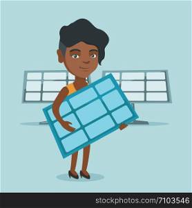 African worker of solar power plant holding solar panel in hands. Young woman with solar panel in hands standing on the background of solar power plant. Vector cartoon illustration. Square layout.. Young african-american woman holding solar panel.