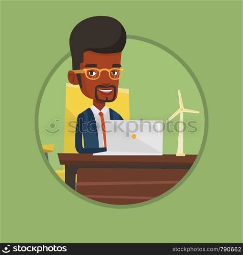 African worker of wind farm working on a laptop. Engineer projecting wind turbine. Smiling engineer with model of wind turbine. Vector flat design illustration in the circle isolated on background.. Man working with model of wind turbines.