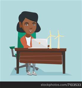 African worker of wind farm working on a laptop. Engineer projecting wind turbine in office. Worker of wind farm working with the model of wind turbine. Vector cartoon illustration. Square layout.. African worker of wind farm working on a laptop.