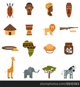 African world flat icons set. African natural world and culture black icons set with wild animals and plants abstract isolated vector illustration