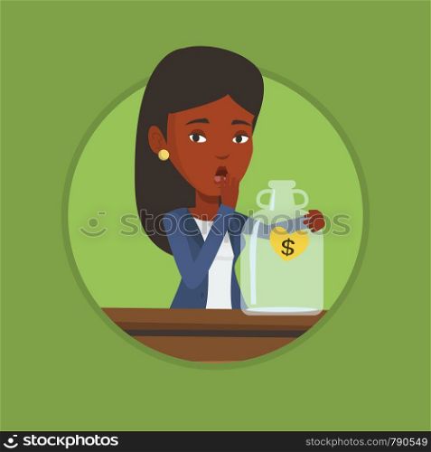 African worried bankrupt business woman looking at empty money box. Desperate bankrupt sitting at the table with empty money box. Vector flat design illustration in the circle isolated on background.. Bankrupt woman looking at empty money box