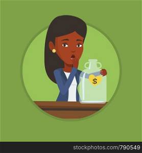 African worried bankrupt business woman looking at empty money box. Desperate bankrupt sitting at the table with empty money box. Vector flat design illustration in the circle isolated on background.. Bankrupt woman looking at empty money box