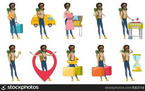African worried traveler clutching head while looking at hourglass. Ttraveler woman concerned by the end of countdown of hourglass. Set of vector flat design illustrations isolated on white background. Vector set with traveler characters.