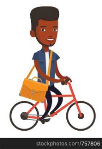 African young business man riding a bicycle. Cyclist riding a bicycle. Business man with briefcase on a bicycle. Healthy lifestyle concept. Vector flat design illustration isolated on white background. Man riding bicycle vector illustration.