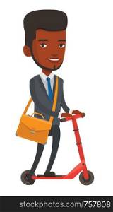 African young businessman riding a kick scooter. Business man with briefcase riding to work on kick scooter. Businessman on a kick scooter. Vector flat design illustration isolated on white background. Man riding kick scooter vector illustration.