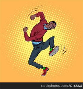 african young man dancing, stylish clothes. Freedom and fan, love of music. Pop art Retro vector Illustration 50s 60s Vintage kitsch style. african young man dancing, stylish clothes. Freedom and fan, love of music