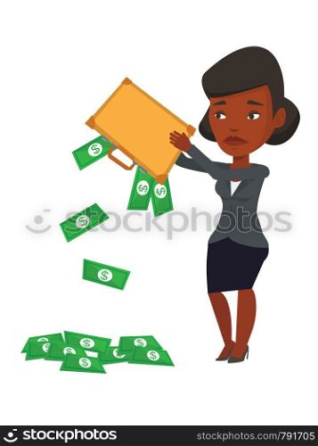 Africand epressed bankrupt shaking out money from her briefcase. Despaired bankrupt businesswoman emptying a briefcase. Bankruptcy concept. Vector flat design illustration isolated on white background. Bankrupt shaking out money from his briefcase.