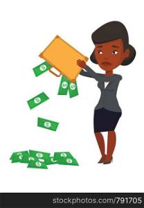 Africand epressed bankrupt shaking out money from her briefcase. Despaired bankrupt businesswoman emptying a briefcase. Bankruptcy concept. Vector flat design illustration isolated on white background. Bankrupt shaking out money from his briefcase.