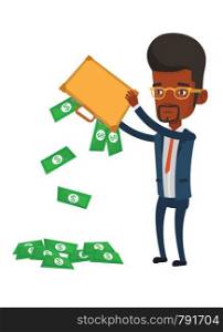 Africand epressed bankrupt shaking out money from his briefcase. Despaired bankrupt businessman emptying a briefcase. Bankruptcy concept. Vector flat design illustration isolated on white background. Bankrupt shaking out money from his briefcase.
