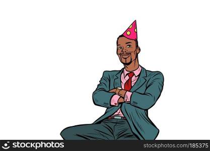 Afrikan businessman birthday greetings anniversary celebration. Pop art retro vector illustration vintage kitsch. pop art Afrikan businessman birthday greetings anniversary celeb