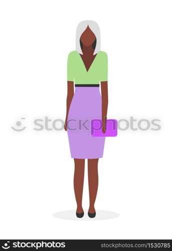 Afro american businesswoman flat vector illustration. Black young woman with blonde hair in formal clothing. Elegant dark skinned lady wearing skirt and bag cartoon character. Student, business woman