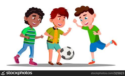 Afro American, European And Asian Boys Play Football In International Football Team Vector. Illustration. Afro American, European And Asian Boys Play Football In International Football Team Vector. Isolated Illustration