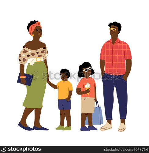 Afro american family. Cute kids, parents casual wearing. Parenthood, international children and adults vector characters. Illustration family mother and father with kids afro. Afro american family. Cute kids, parents casual wearing. Parenthood, international children and adults vector characters