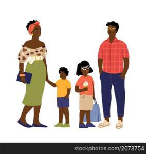 Afro american family. Cute kids, parents casual wearing. Parenthood, international children and adults vector characters. Illustration family mother and father with kids afro. Afro american family. Cute kids, parents casual wearing. Parenthood, international children and adults vector characters