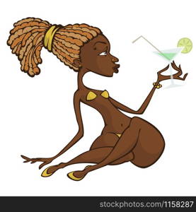 Afro american girl in bikini drinking a cocktail. Vector cartoon character