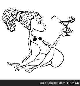 Afro american girl in bikini drinking a cocktail. Vector cartoon character outlines. Colouring illustration