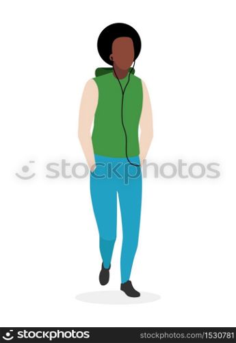 Afro american guy flat vector illustration. Black man with curly hair cartoon character isolated on white background. Male fashion model wearing casual style clothing. Dark skinned handsome student