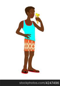 Afro-american kid in summer clothing eating ice cream, cartoon isolated on white
