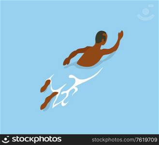 Afro-american man swimming in blue water, back view. Vector athletic person on summer rest, enjoying summertime activities, butterfly swim, muatto guy. Afro-American Man Swimming in Blue Water Back View