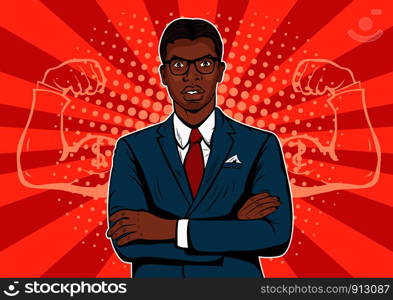 Afro american Man with muscles currency dollar pop art retro style. Strong Businessman in glasses in comic style. Success concept vector illustration.