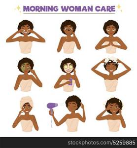 Afro American Woman Morning Routine Icon Set. Isolated colored afro american woman morning routine icon set with morning woman care vector illustration