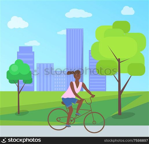 Afro-american woman riding on bike in city park with trees, bushes and buildings. Vector teenage girl at bicycle, cartoon character female ride on cycle. Afro-American Woman Riding on Bike in City Park