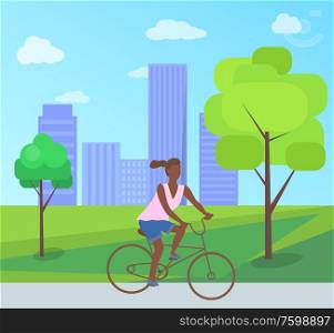 Afro-american woman riding on bike in city park with trees, bushes and buildings. Vector teenage girl at bicycle, cartoon character female ride on cycle. Afro-American Woman Riding on Bike in City Park