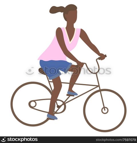 Afro-american woman riding on bike, teenage girl at bicycle isolated cartoon character. Vector female ride on cycle, active way of life and sport activities. Afro-American Woman Riding on Bike, Teenage Girl