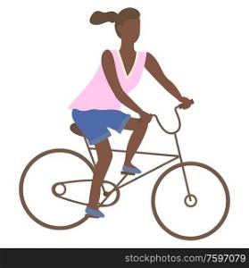 Afro-american woman riding on bike, teenage girl at bicycle isolated cartoon character. Vector female ride on cycle, active way of life and sport activities. Afro-American Woman Riding on Bike, Teenage Girl