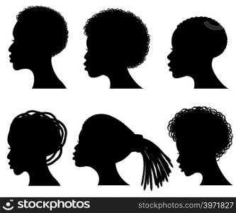 Afro american young woman face vector black silhouettes. Shape black silhouette woman hair illustration. Afro american young woman face vector black silhouettes