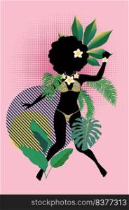 Afro girl in leopard print bikini silhouette with tropical leaves and flowers.