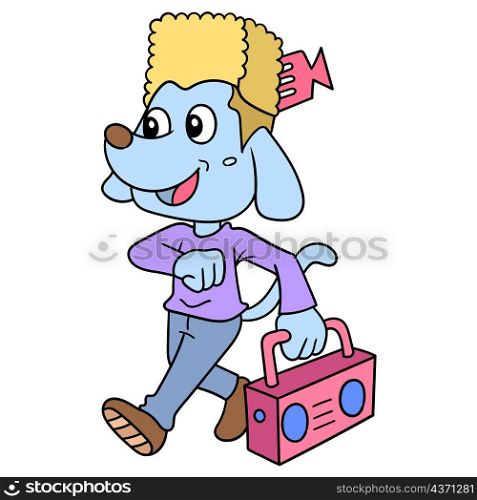afro haired dog walking with a happy face carrying a radio