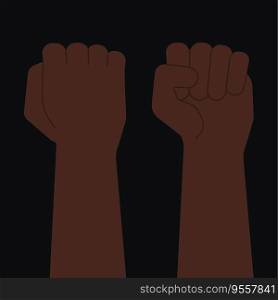 Afroamerican black fist set in front and back, raised clenched hand. Black lives matter, anti-racism, revolution, strike concept. Stock vector illustration in flat cartoon style isolated on black background. Afroamerican black fist set in front and back, raised clenched hand. Black lives matter, anti-racism, revolution, strike concept. Stock vector illustration in flat cartoon style isolated on black background.