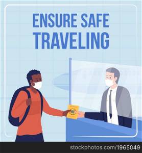 After covid passenger safety social media post mockup. Ensure safe traveling phrase. Web banner design template. Booster, content layout with inscription. Poster, print ads and flat illustration. After covid passenger safety social media post mockup