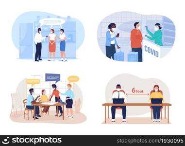 After covid precaution for office and travel 2D vector isolated illustration set. People in facial respiratory masks flat characters on cartoon background. Safety during quarantine colourful scene. After covid precaution for office and travel 2D vector isolated illustration set