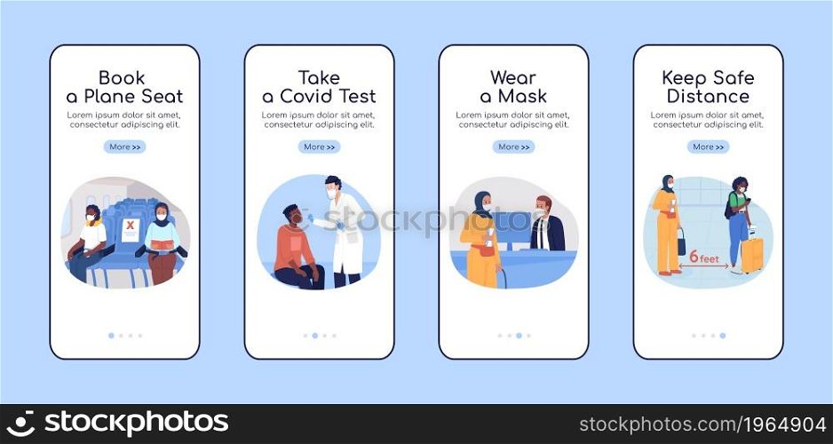 After covid travel onboarding mobile app screen flat vector template. Walkthrough website 4 steps with characters. Creative UX, UI, GUI smartphone cartoon interface, case prints set. After covid travel onboarding mobile app screen flat vector template