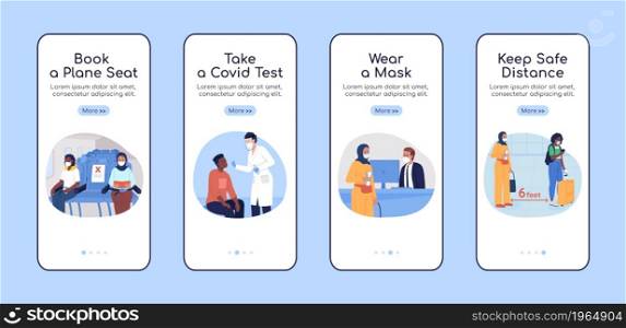 After covid travel onboarding mobile app screen flat vector template. Walkthrough website 4 steps with characters. Creative UX, UI, GUI smartphone cartoon interface, case prints set. After covid travel onboarding mobile app screen flat vector template