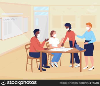 After covid university flat color vector illustration. Safe meeting during pandemic. Seminar and workshop. Students with teacher in face masks 2D cartoon characters with interior on background. After covid university flat color vector illustration